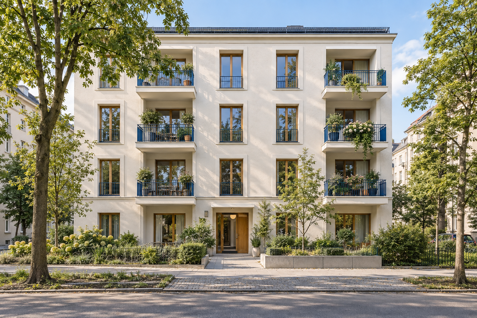 Vollständiges helles Mehrfamilienhaus mit blauen Balkonen und begrüntem Eingang