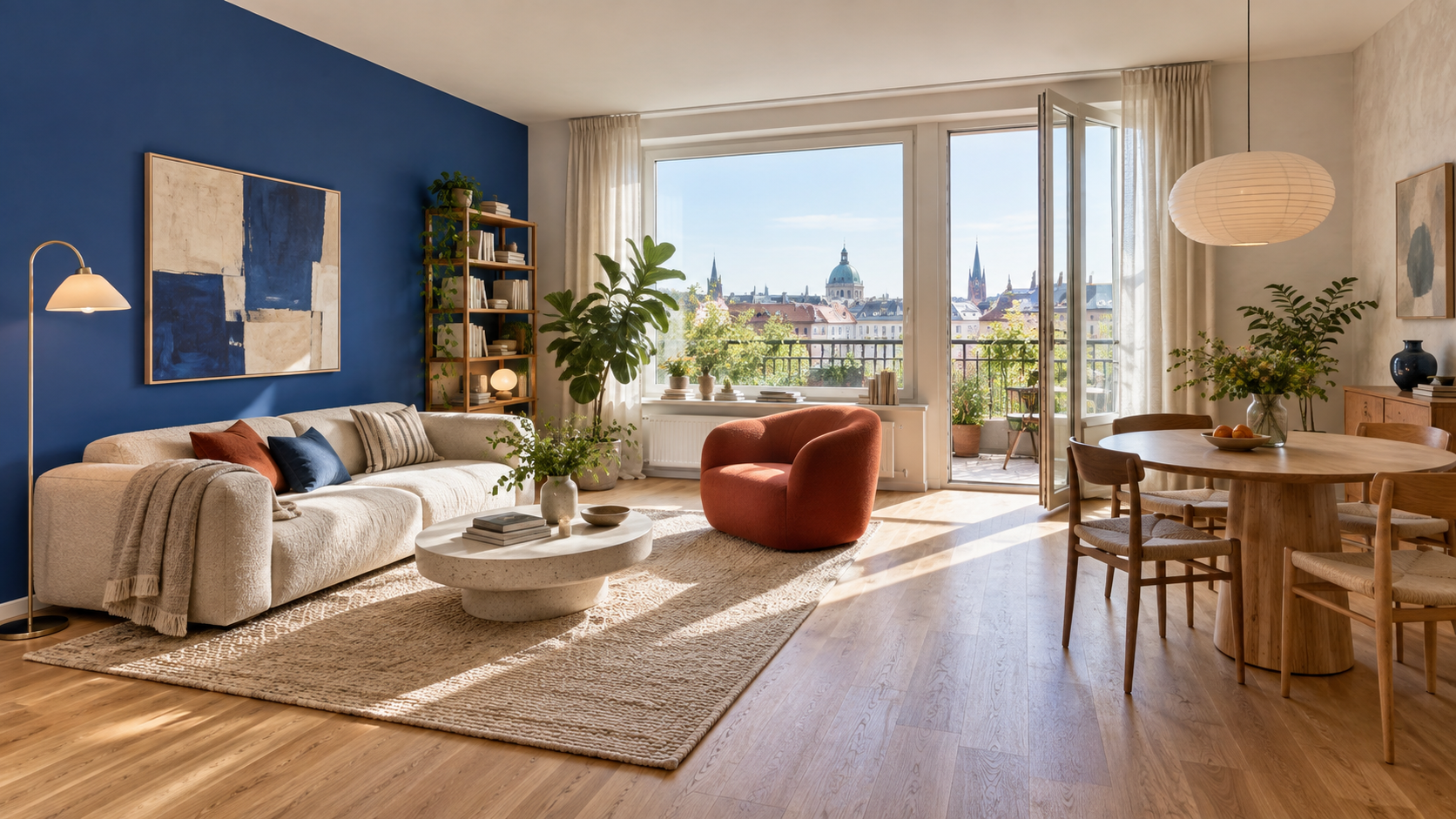 Vollständiger heller Wohnraum mit blauer Wand, rotem Sessel und warmen Holzmöbeln